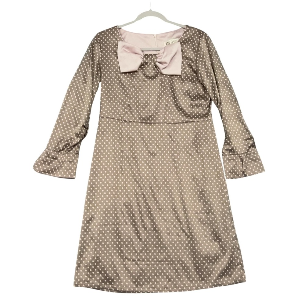Tatum & Olivia Dress Womens 6 Brown Polka Dot Bell Sleeve Bow Satin Knee Length
